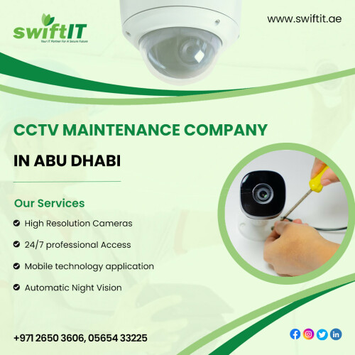 The best CCTV services are available in Abu Dhabi! For your security requirements, unique solutions. For peace of mind, rely on our professionals. High Resolution Cameras, 24/7 Competent professional Access, Mobile technology application, Automatic Night Vision.

Give us a call right away!

📱 +971-26503606

🌐 https://swiftit.ae/